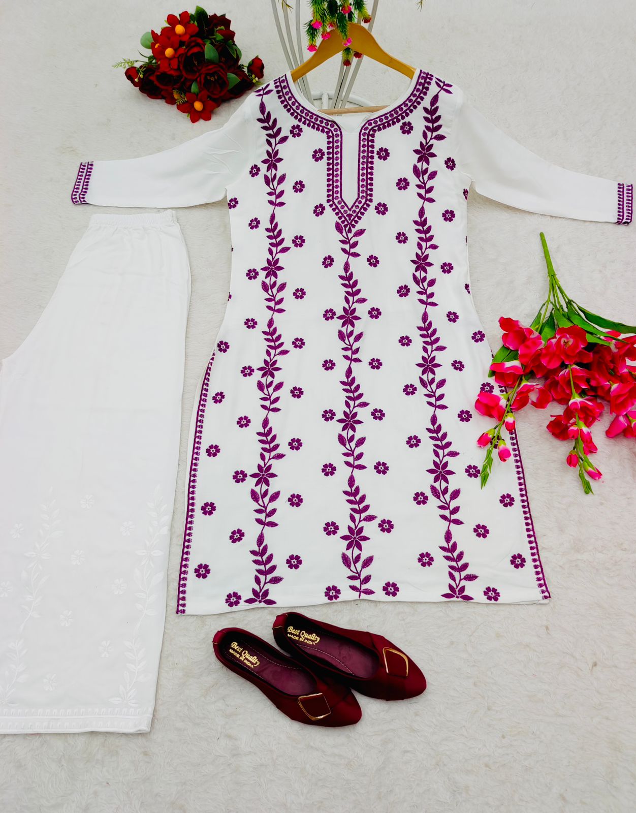 Purple Thread Work With White Color Palazzo Suit