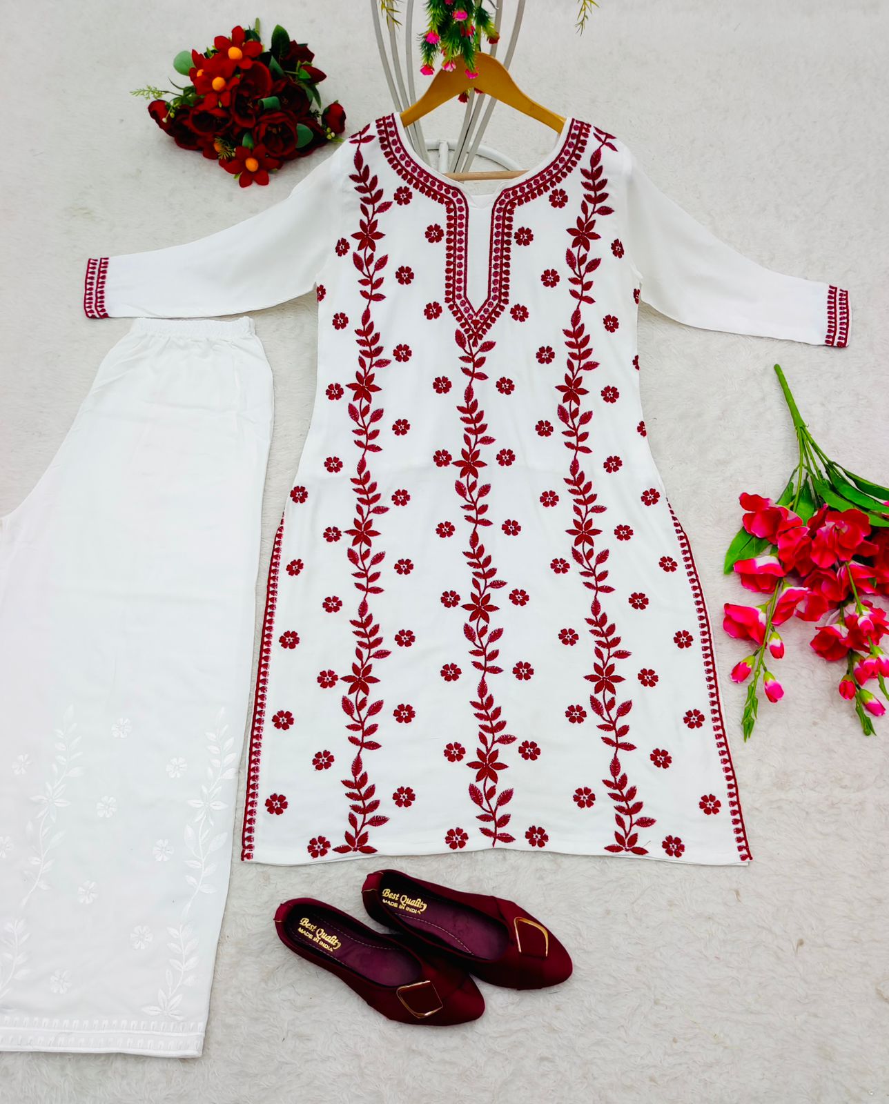 Red Thread Work With White Color Palazzo Suit