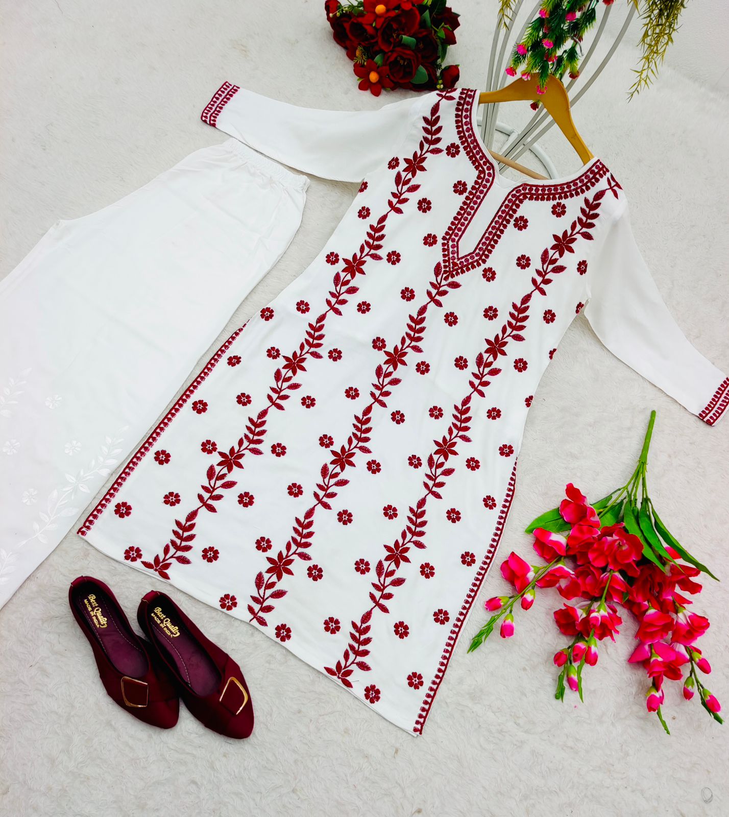 Red Thread Work With White Color Palazzo Suit