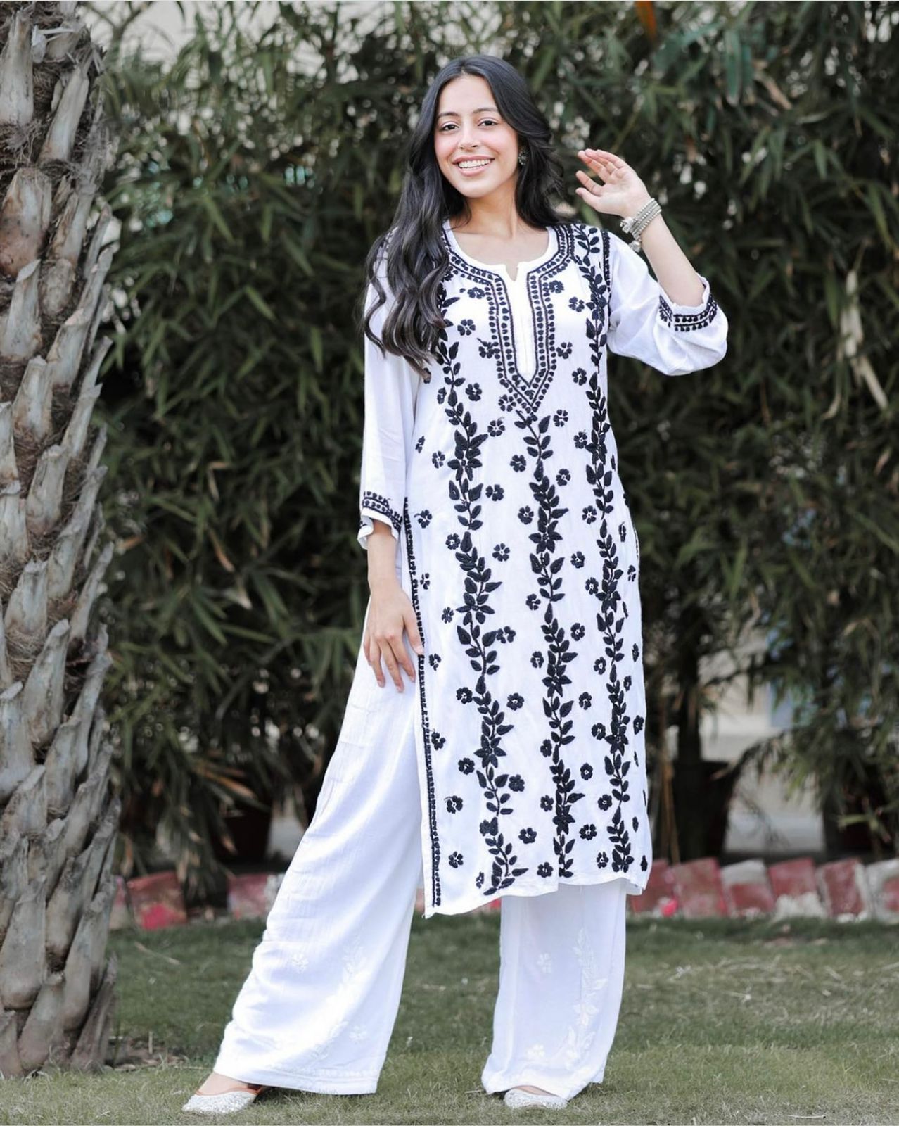 Black Thread Work With White Color Palazzo Suit