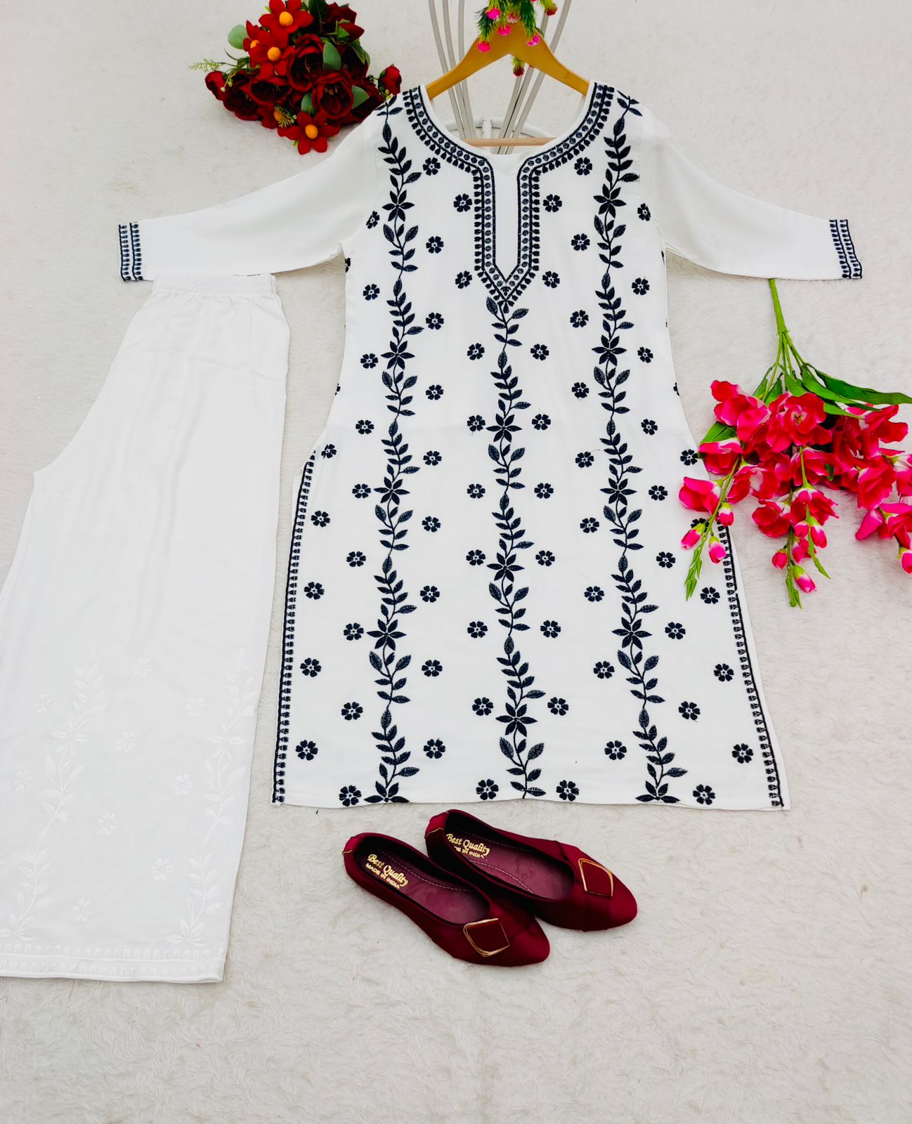 Black Thread Work With White Color Palazzo Suit