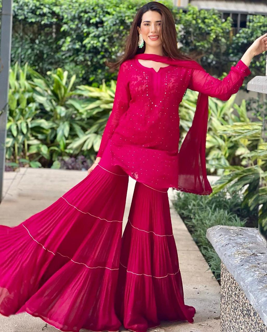 Elegant Dark Pink Embroidery Thread Wotk Sharara Suit