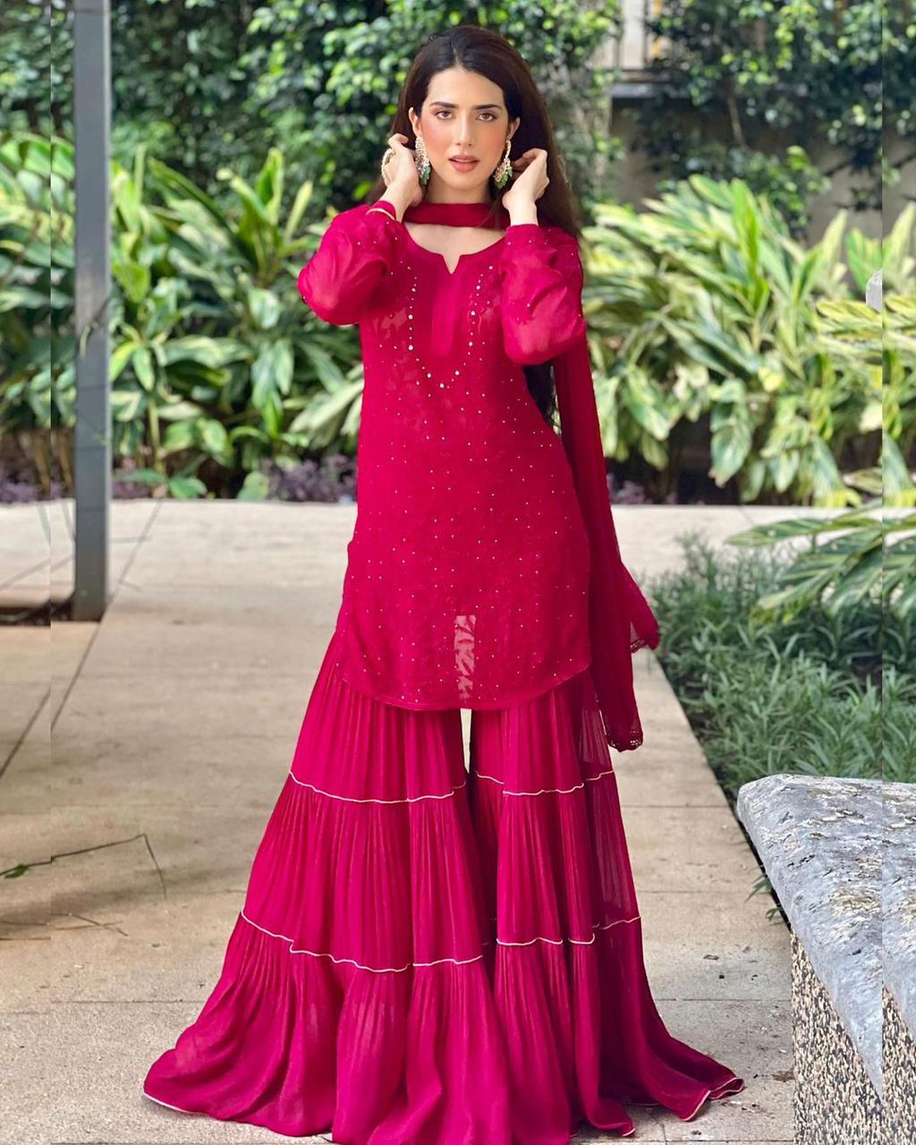 Elegant Dark Pink Embroidery Thread Wotk Sharara Suit