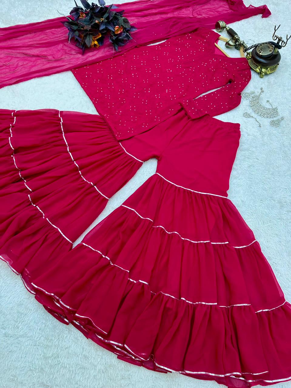 Elegant Dark Pink Embroidery Thread Wotk Sharara Suit