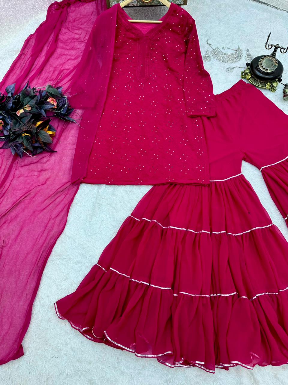 Elegant Dark Pink Embroidery Thread Wotk Sharara Suit