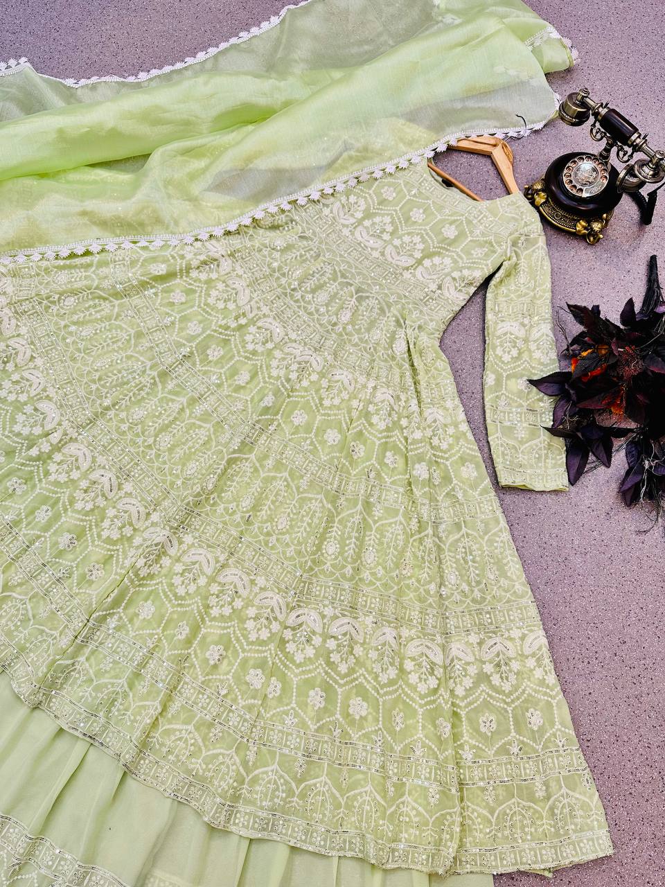 Opulent Pista Green Thread Embroidered Work Top With Lehenga