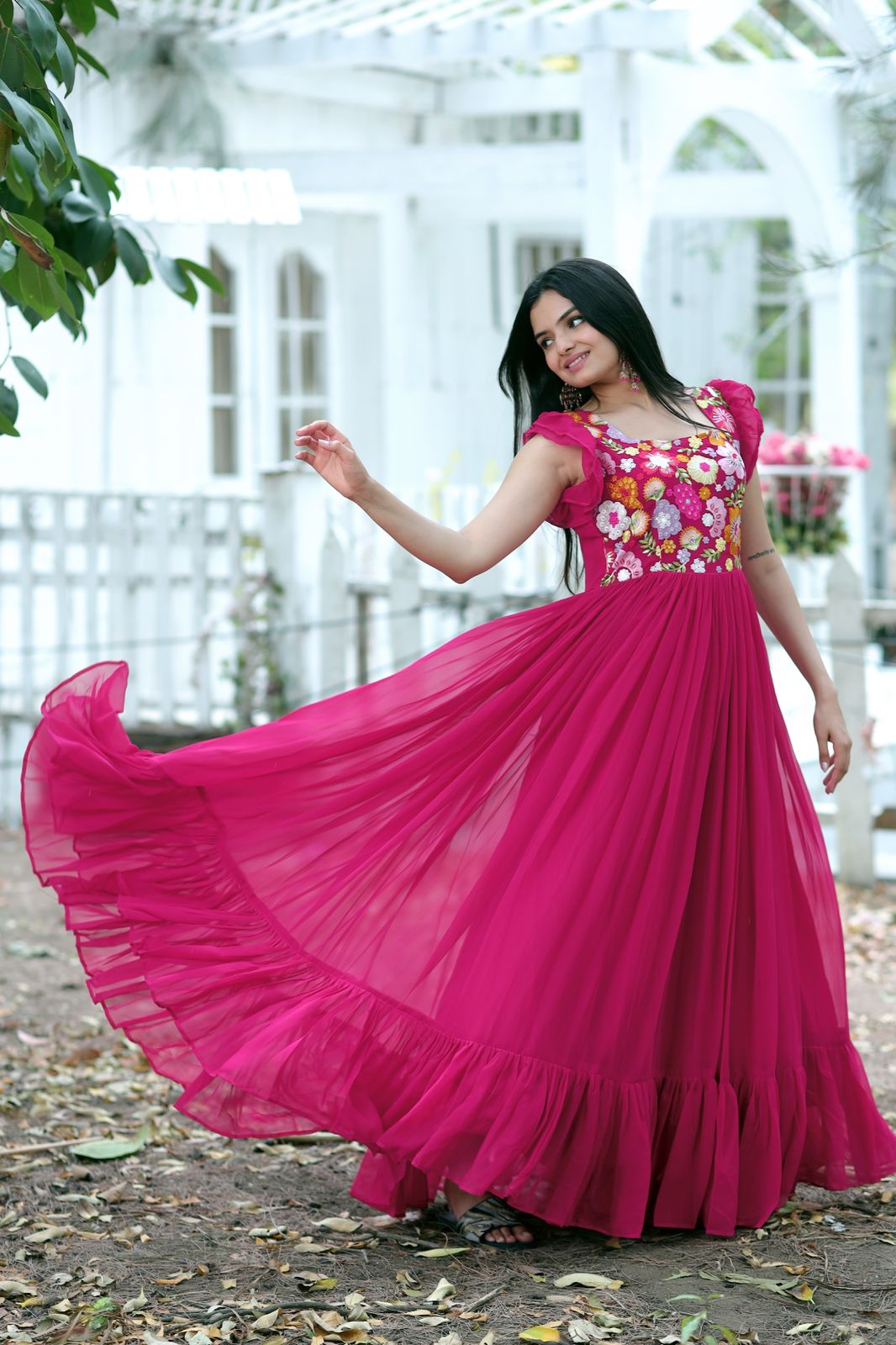 Terrific Pink Color Multi Thread Work Gown