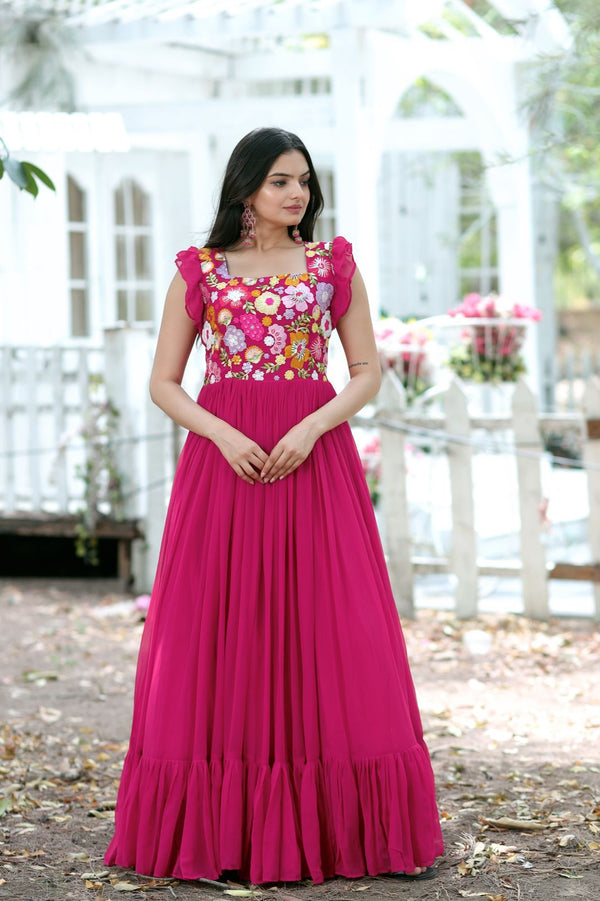 Terrific Pink Color Multi Thread Work Gown