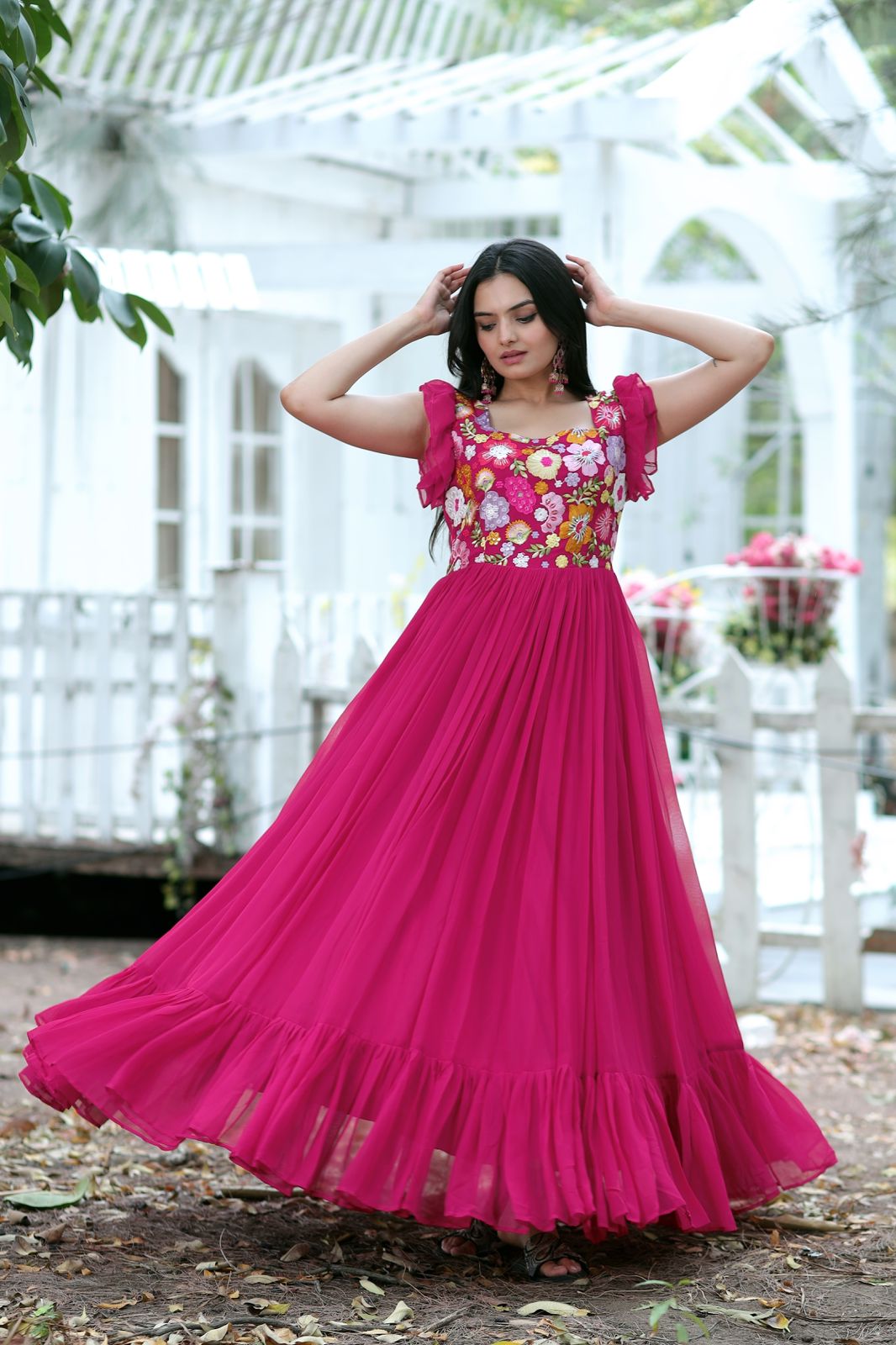 Terrific Pink Color Multi Thread Work Gown