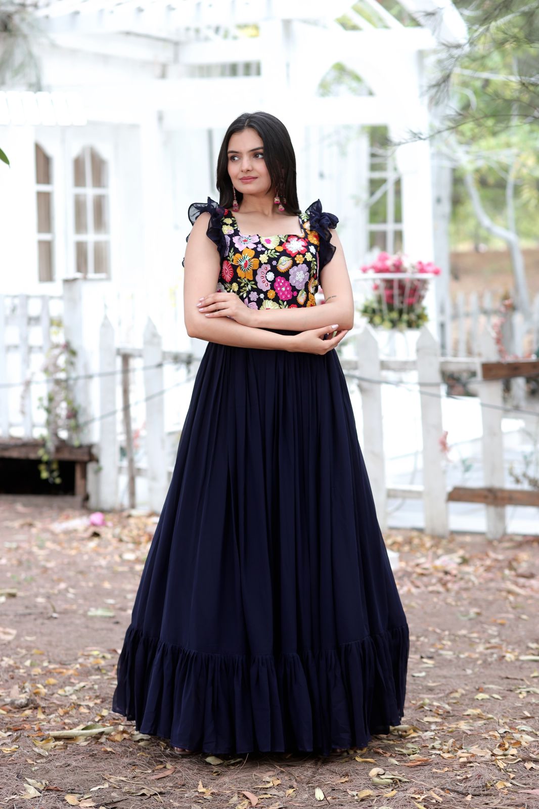 Terrific Navy Blue Color Multi Thread Work Gown