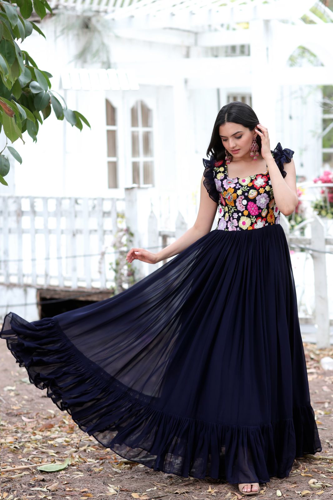 Terrific Navy Blue Color Multi Thread Work Gown