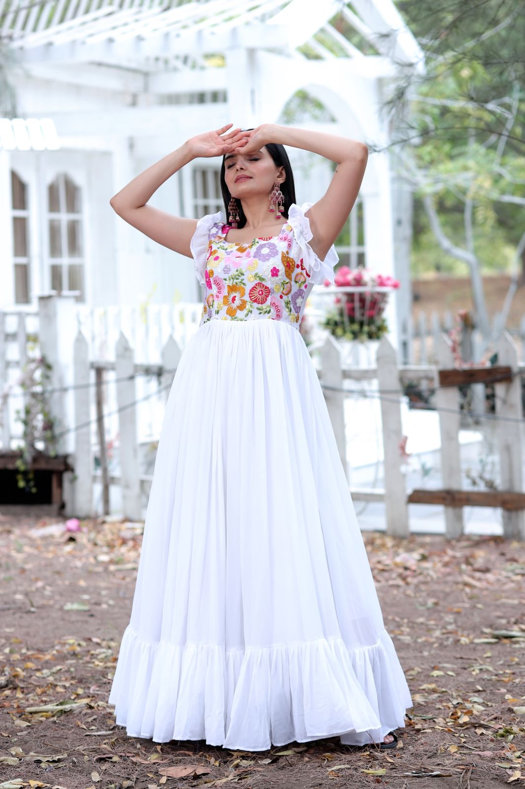 Terrific White Color Multi Thread Work Gown