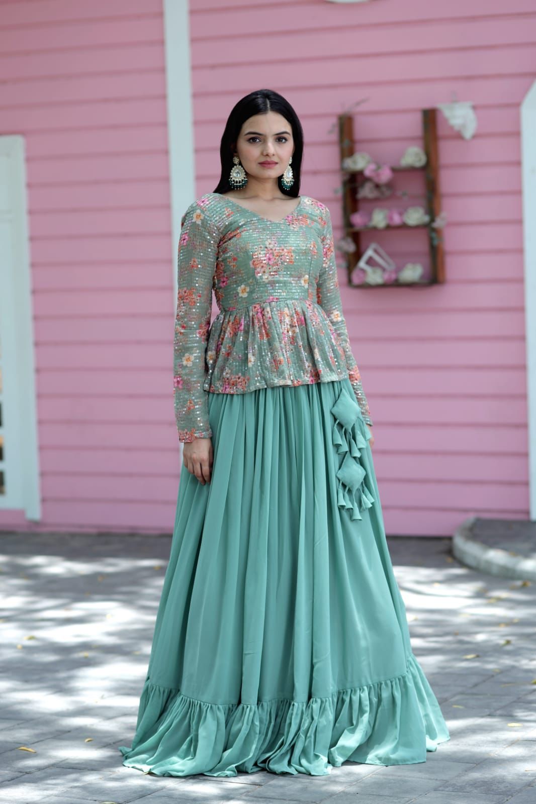 Dazzling Pista Green Full Sequence Lehenga With Top