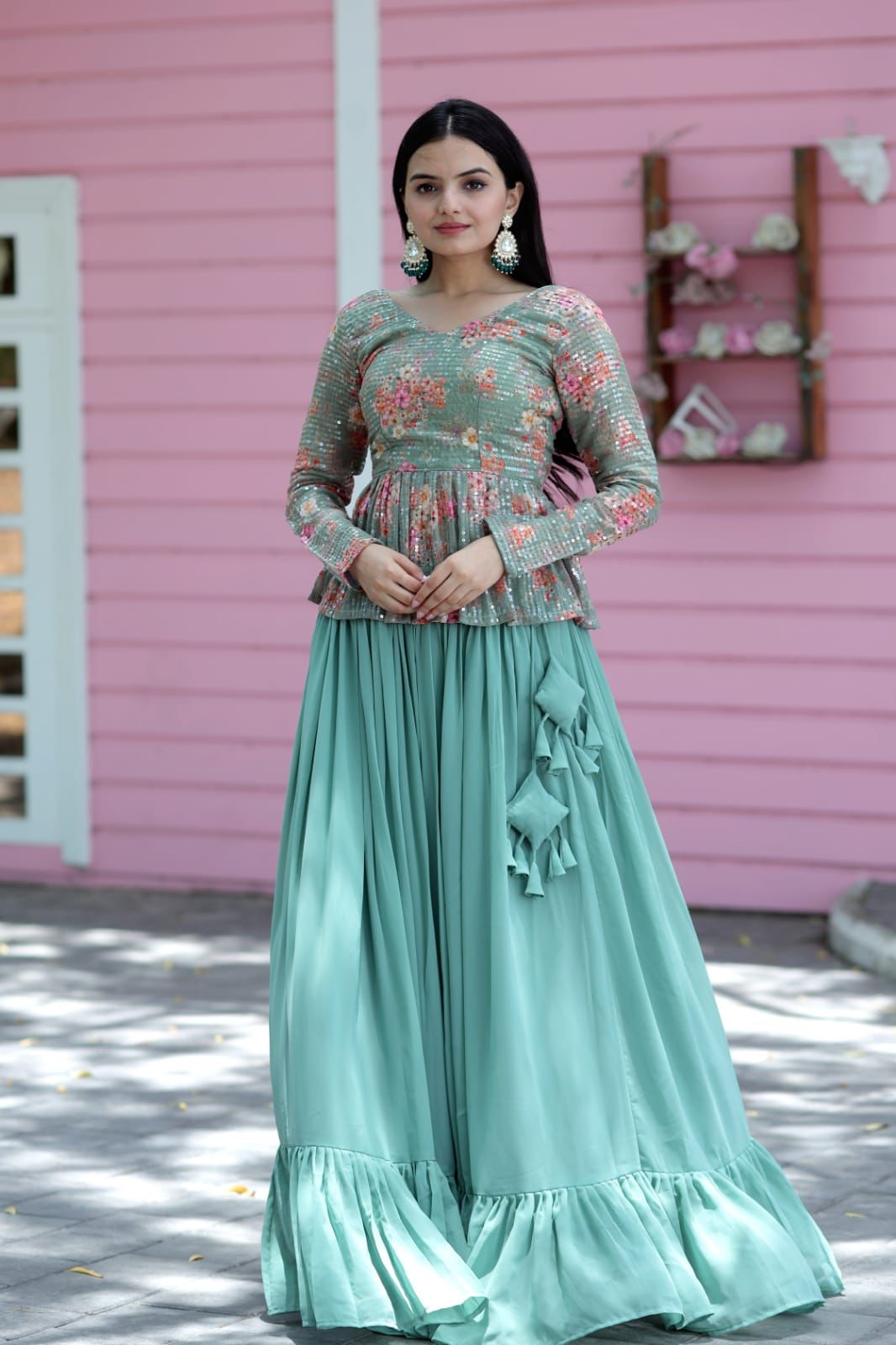 Dazzling Pista Green Full Sequence Lehenga With Top