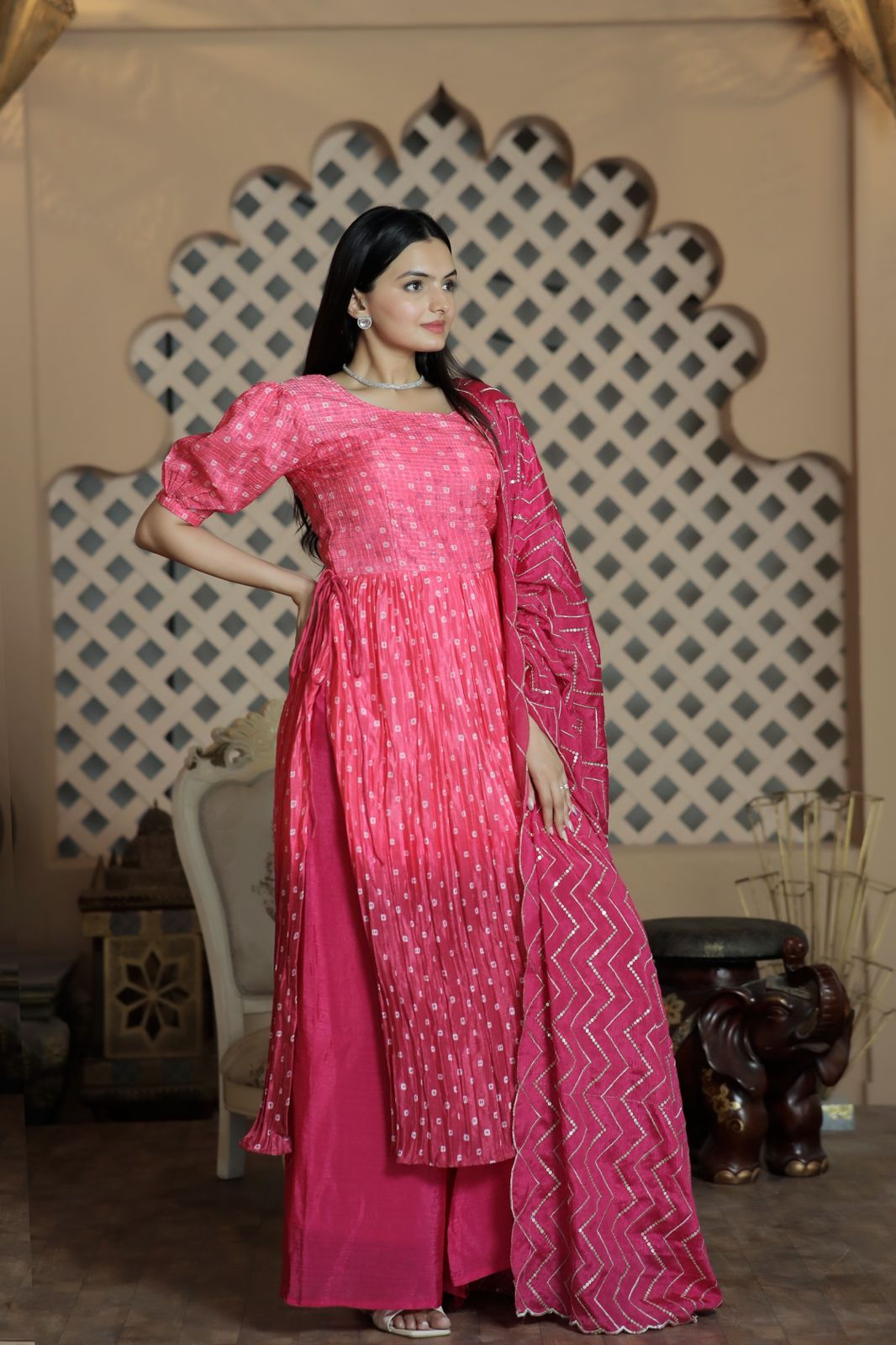 Crush Pleating  Pink Color Shade Sharara Suit