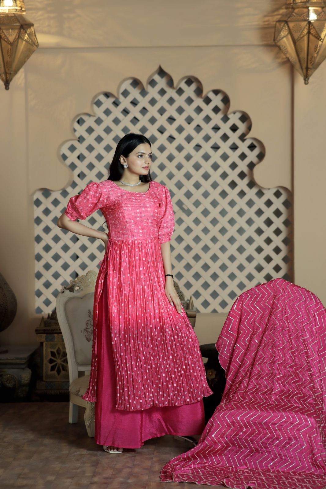 Crush Pleating  Pink Color Shade Sharara Suit