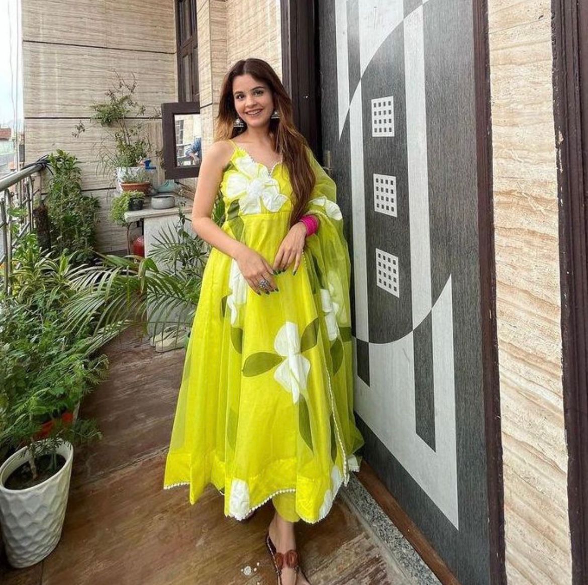 Attractive Parrot Green Color Organza Suit