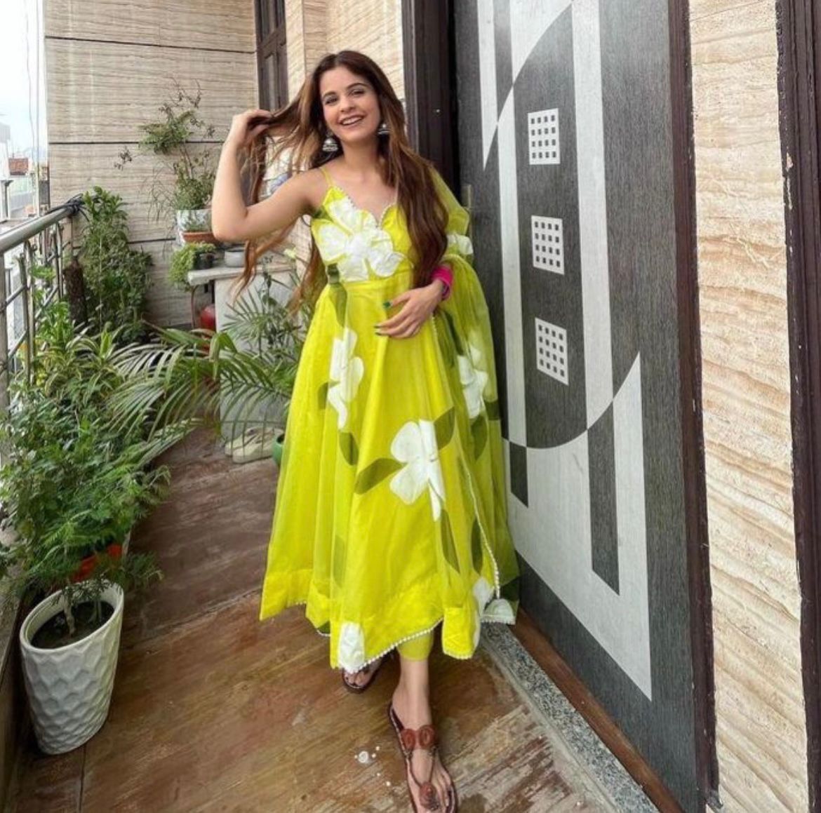 Attractive Parrot Green Color Organza Suit