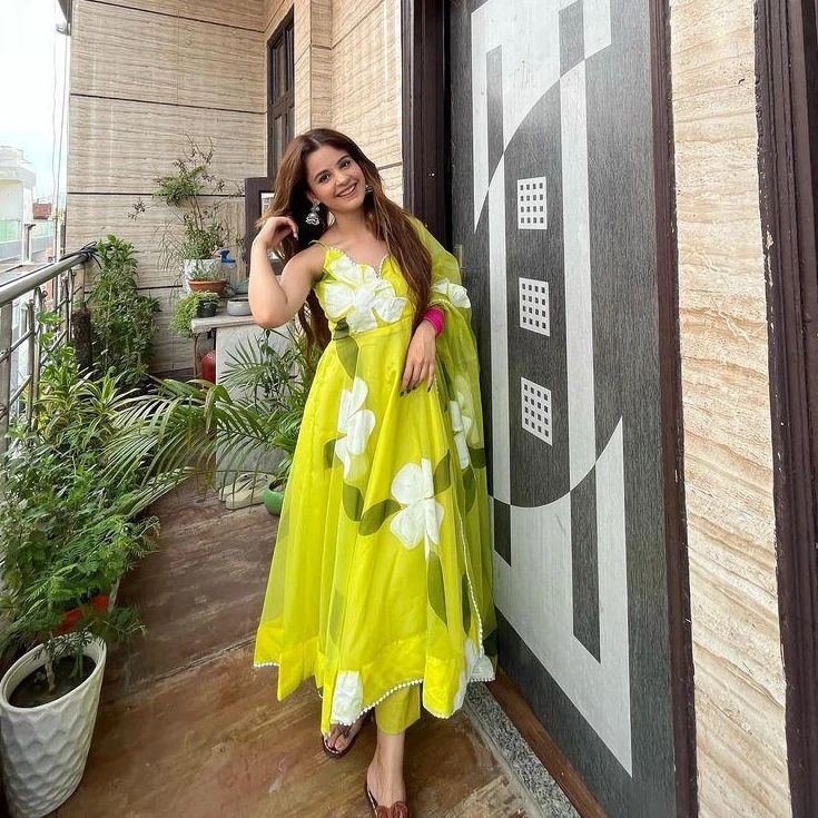 Attractive Parrot Green Color Organza Suit