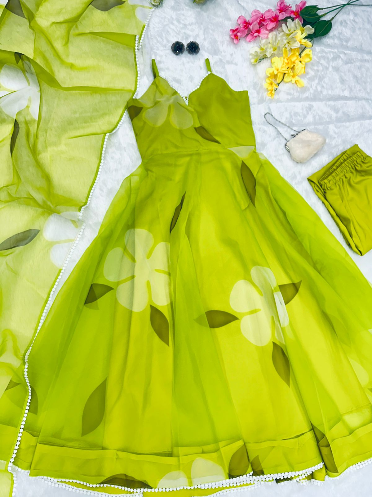 Attractive Parrot Green Color Organza Suit