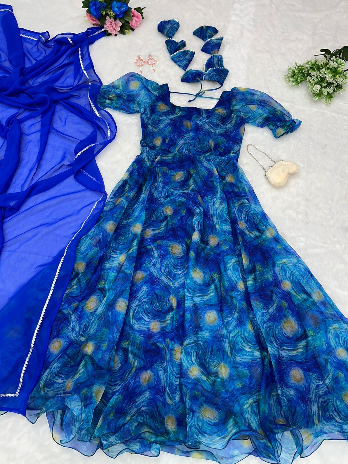 Digital Print Blue Color Organza Silk Gown – Vastra Shop