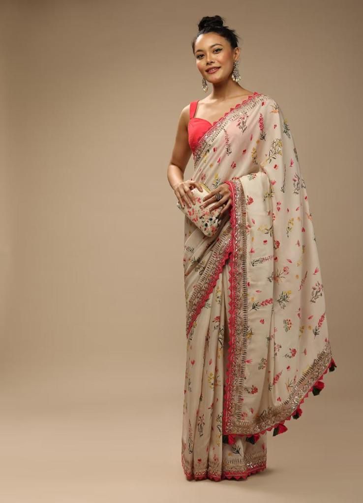 Decent Sequence Embroidery Work White Saree