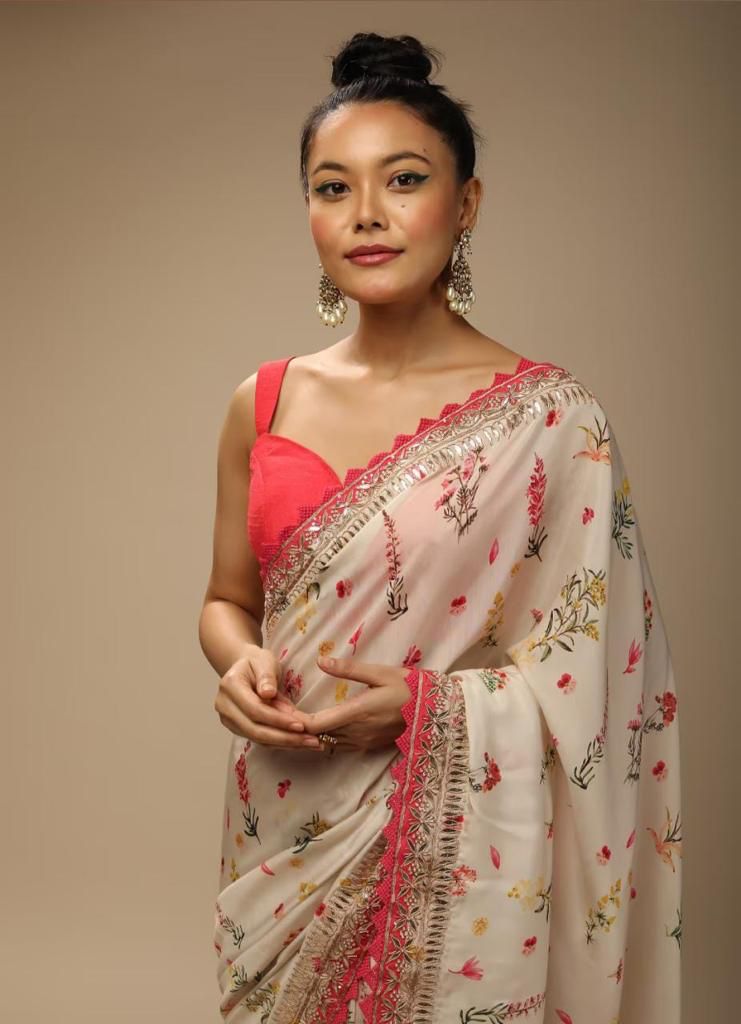 Decent Sequence Embroidery Work White Saree