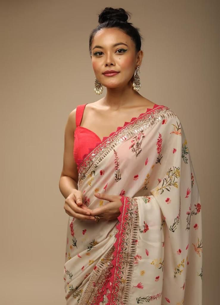Decent Sequence Embroidery Work White Saree