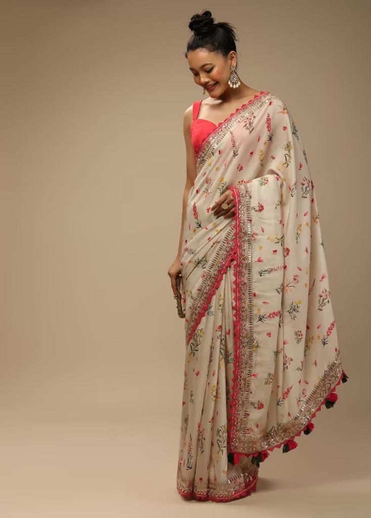 Decent Sequence Embroidery Work White Saree