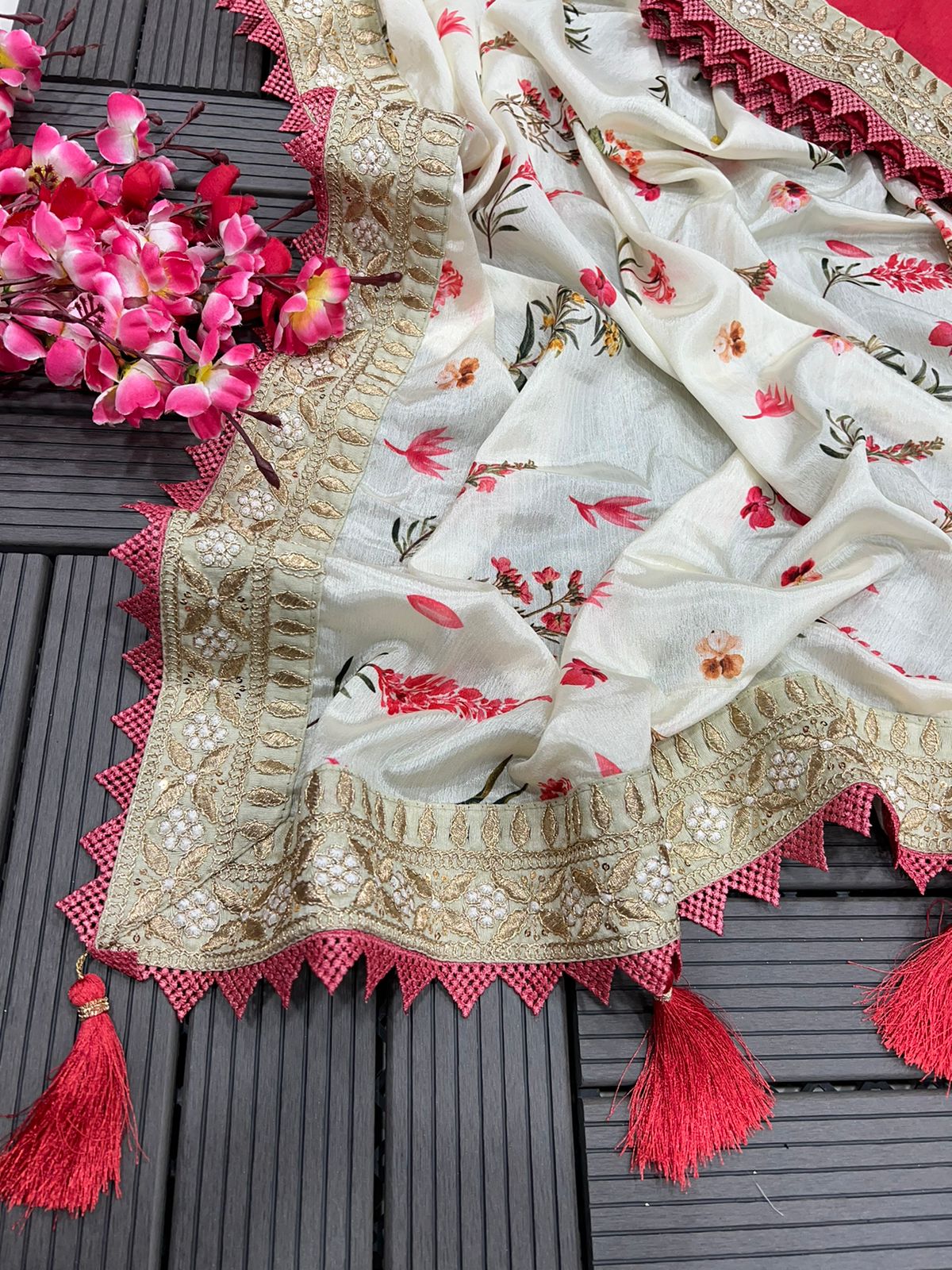Decent Sequence Embroidery Work White Saree