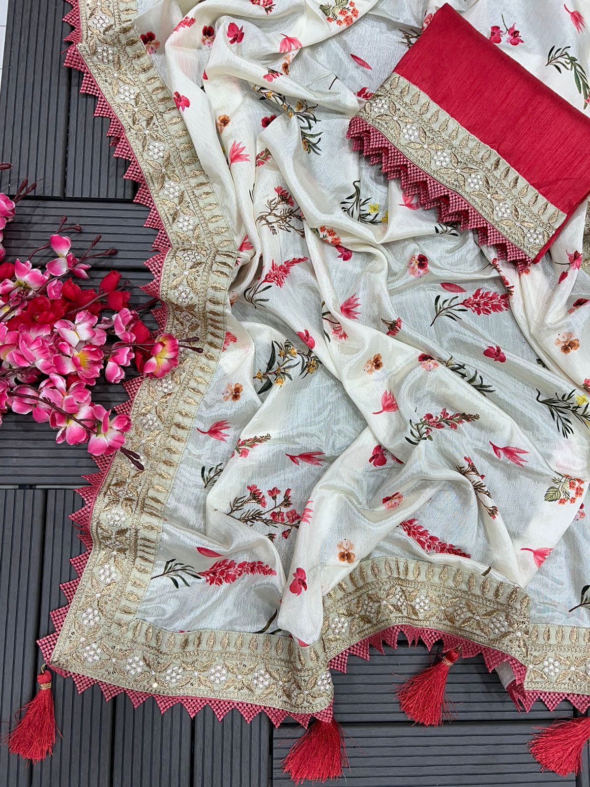Decent Sequence Embroidery Work White Saree