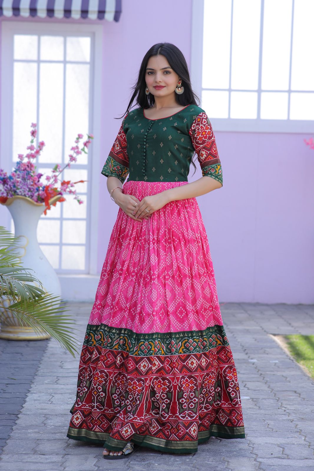 Traditional Pink Color Patola Design Gown