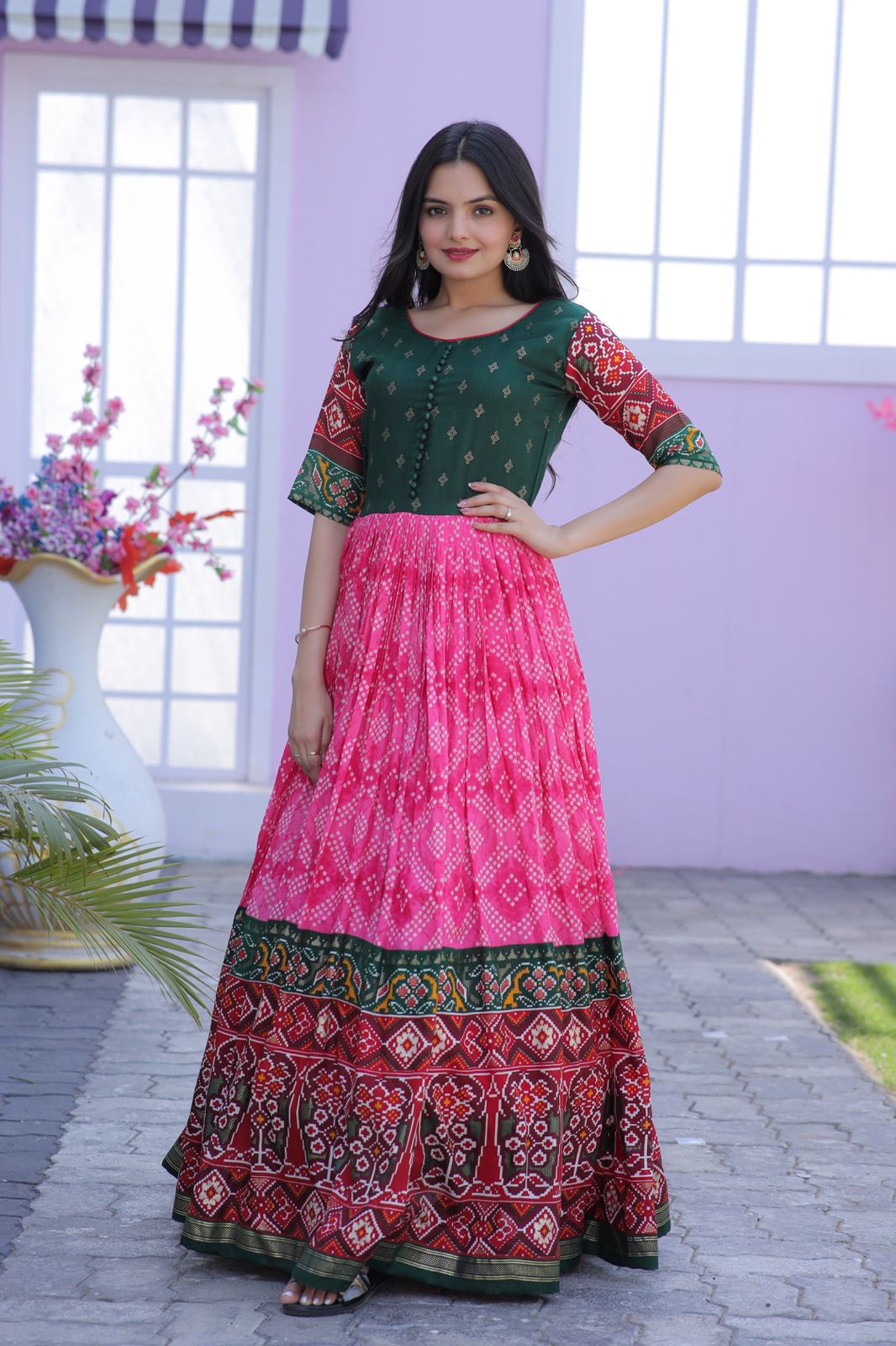 Traditional Pink Color Patola Design Gown