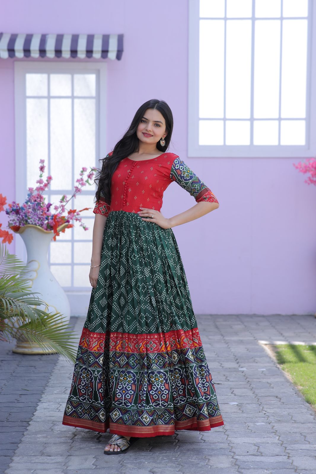 Traditional Green Color Patola Design Gown