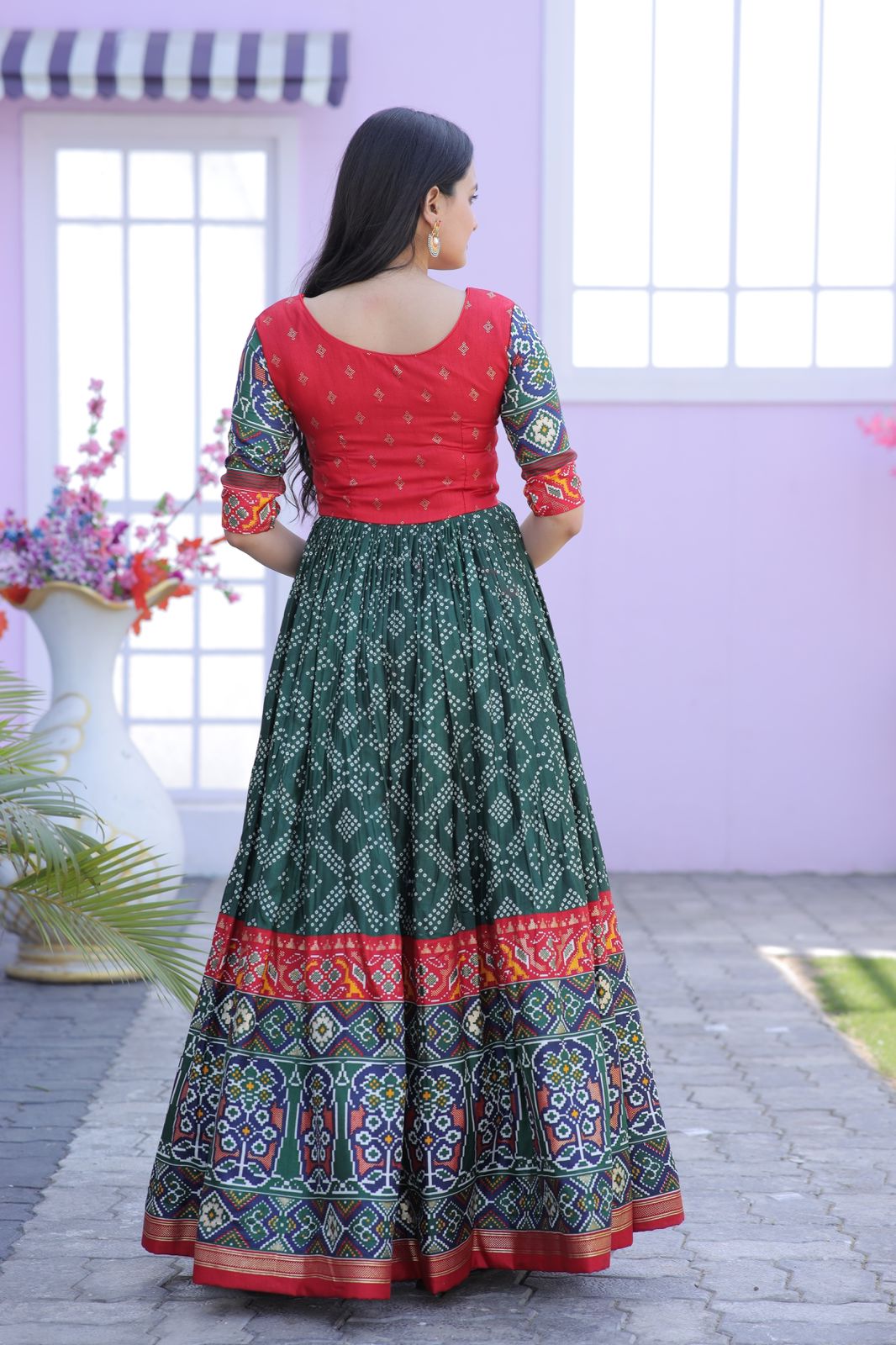 Traditional Green Color Patola Design Gown