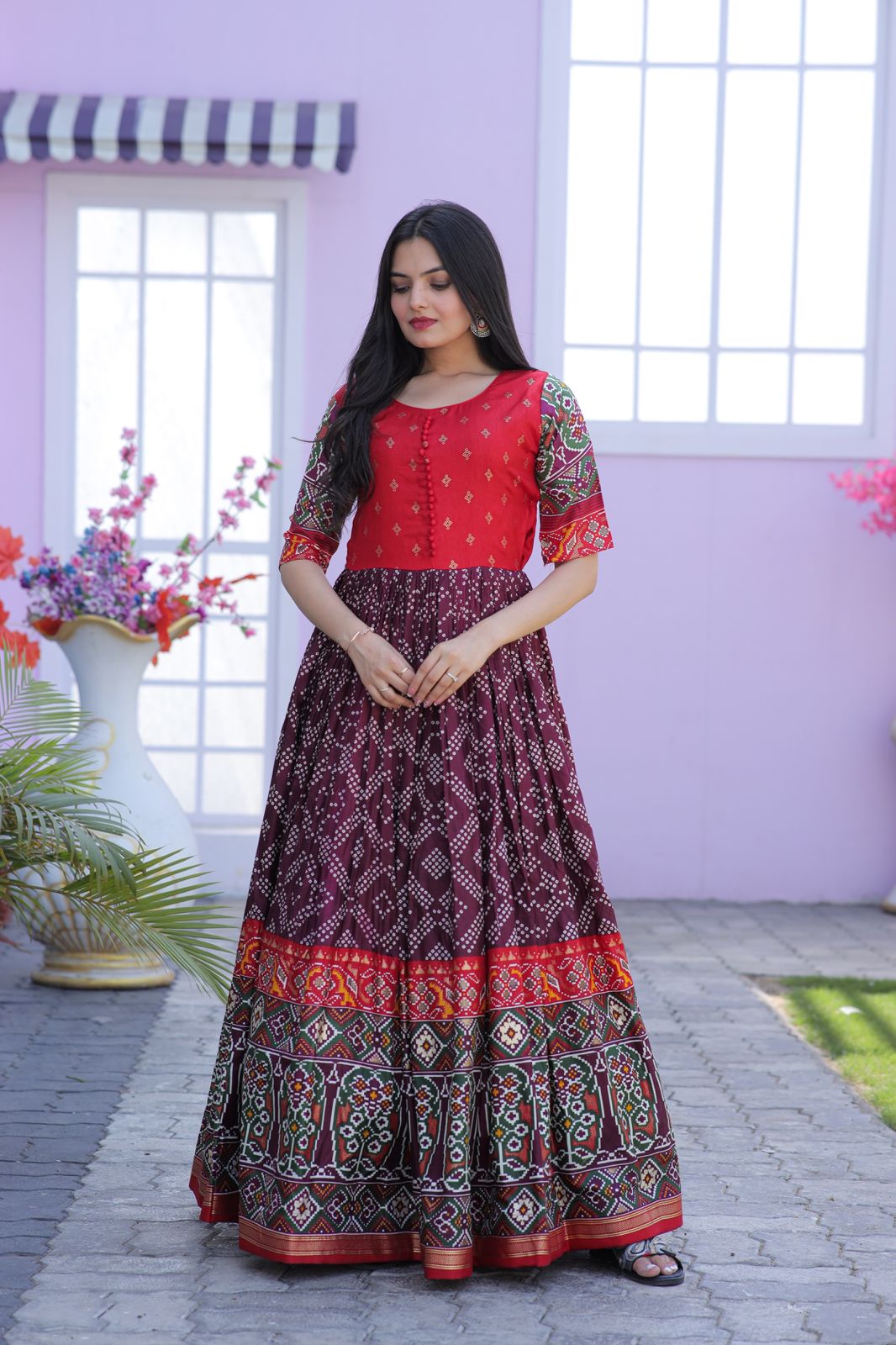 Traditional Wine Color Patola Design Gown