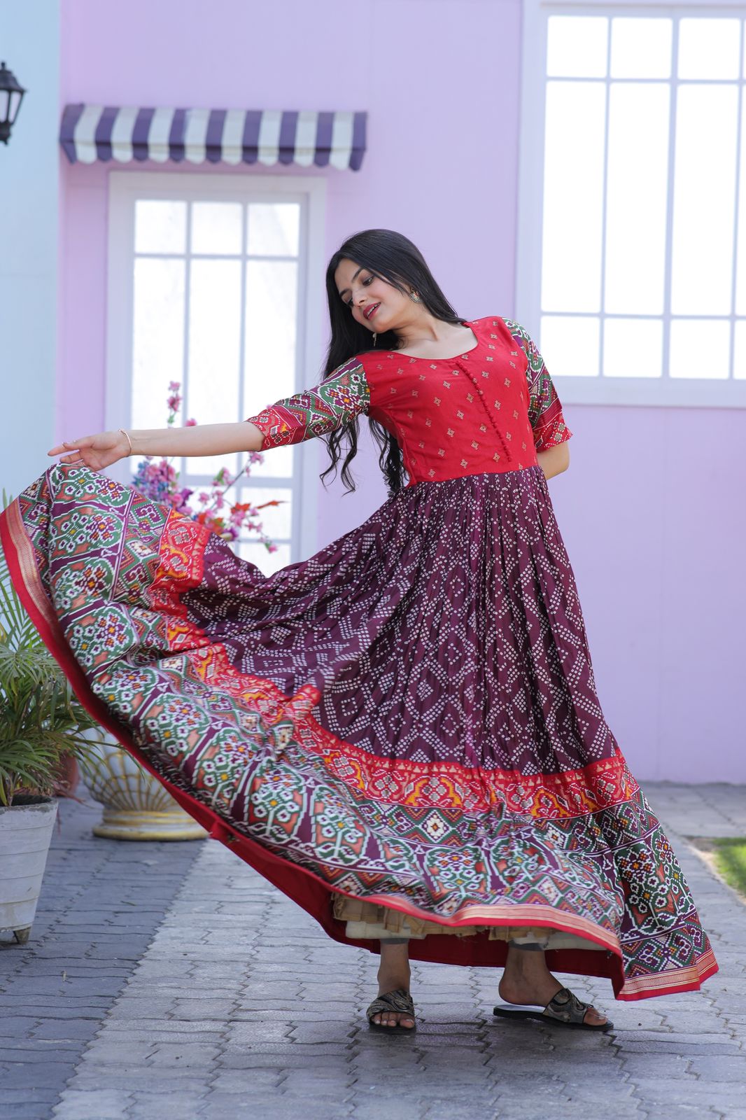 Traditional Wine Color Patola Design Gown