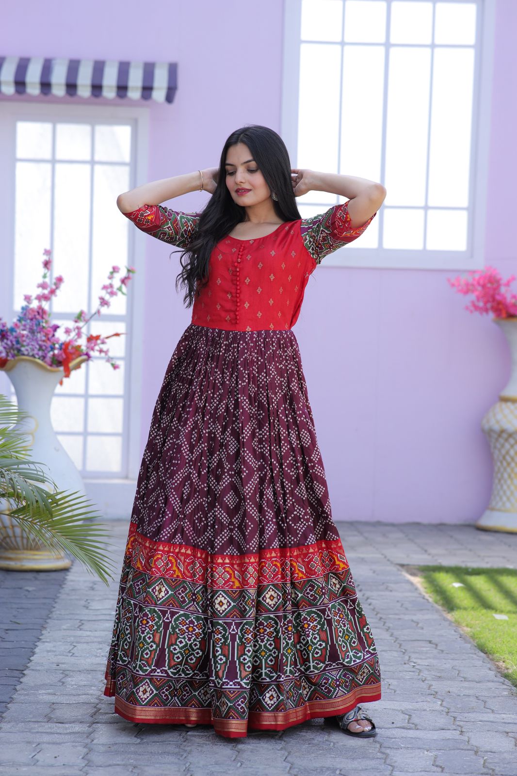 Traditional Wine Color Patola Design Gown