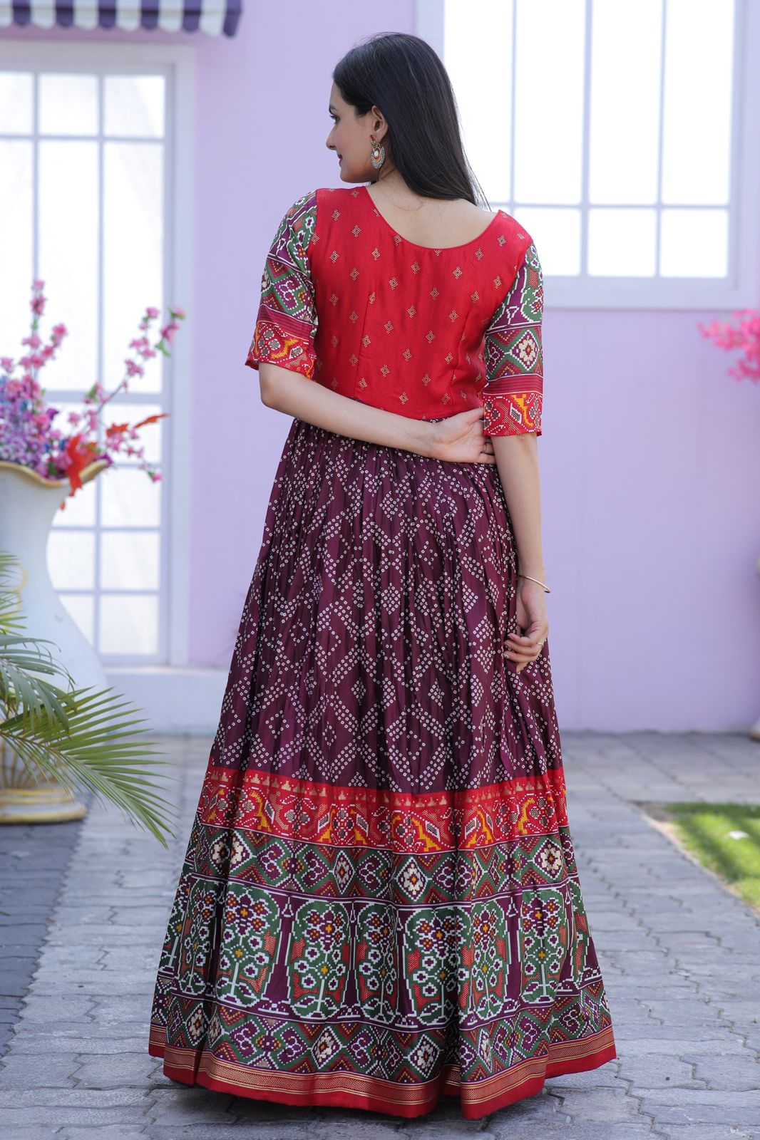 Traditional Wine Color Patola Design Gown