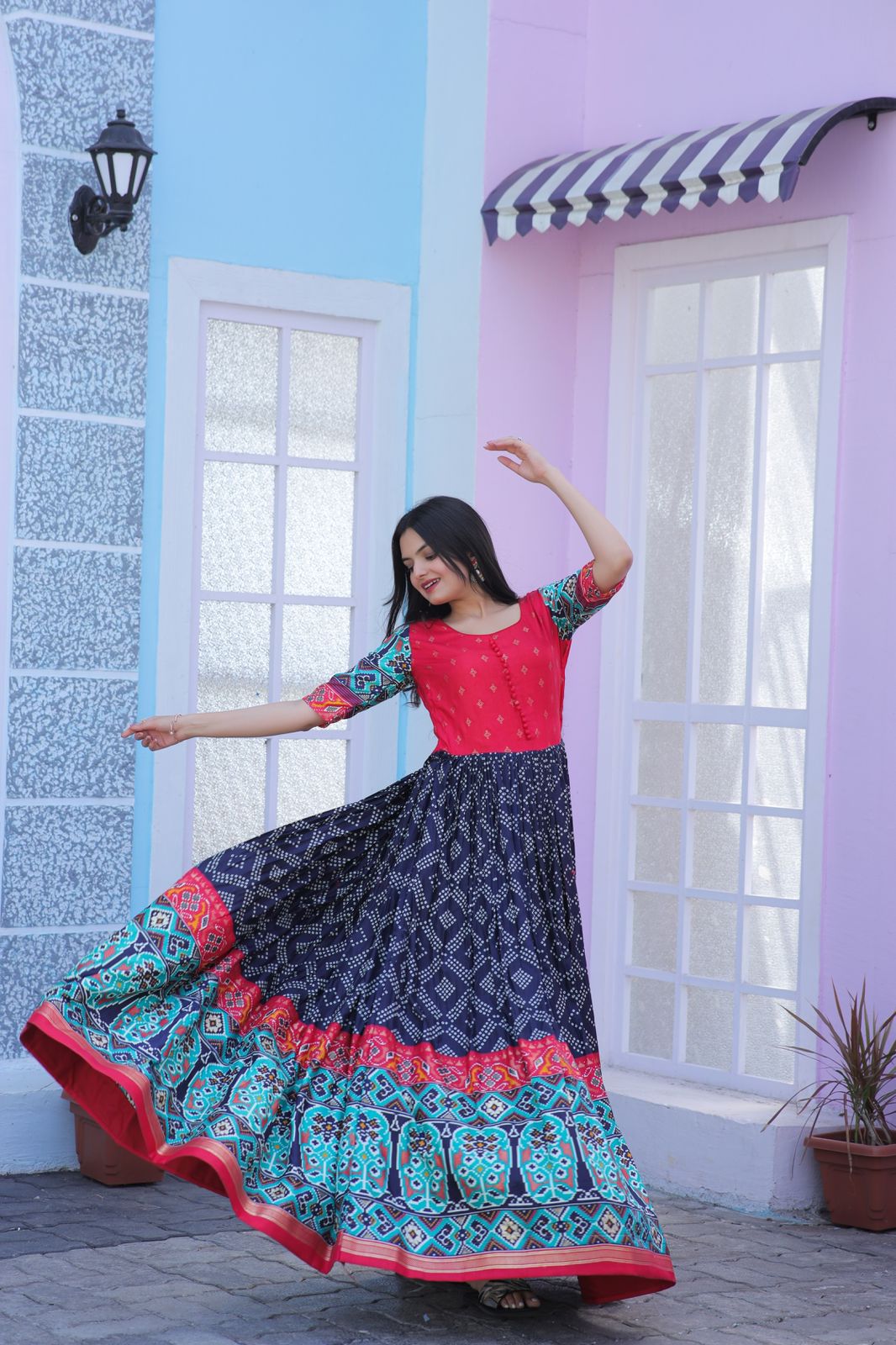 Traditional Navy Blue Color Patola Design Gown