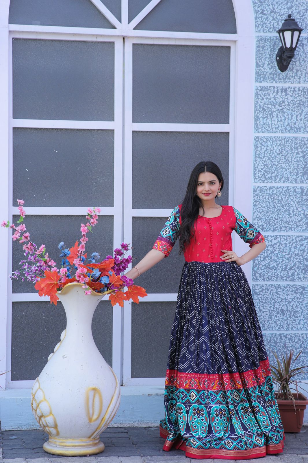 Traditional Navy Blue Color Patola Design Gown