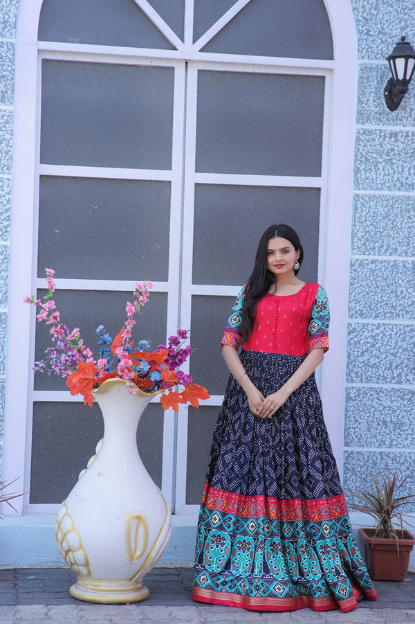 Traditional Navy Blue Color Patola Design Gown