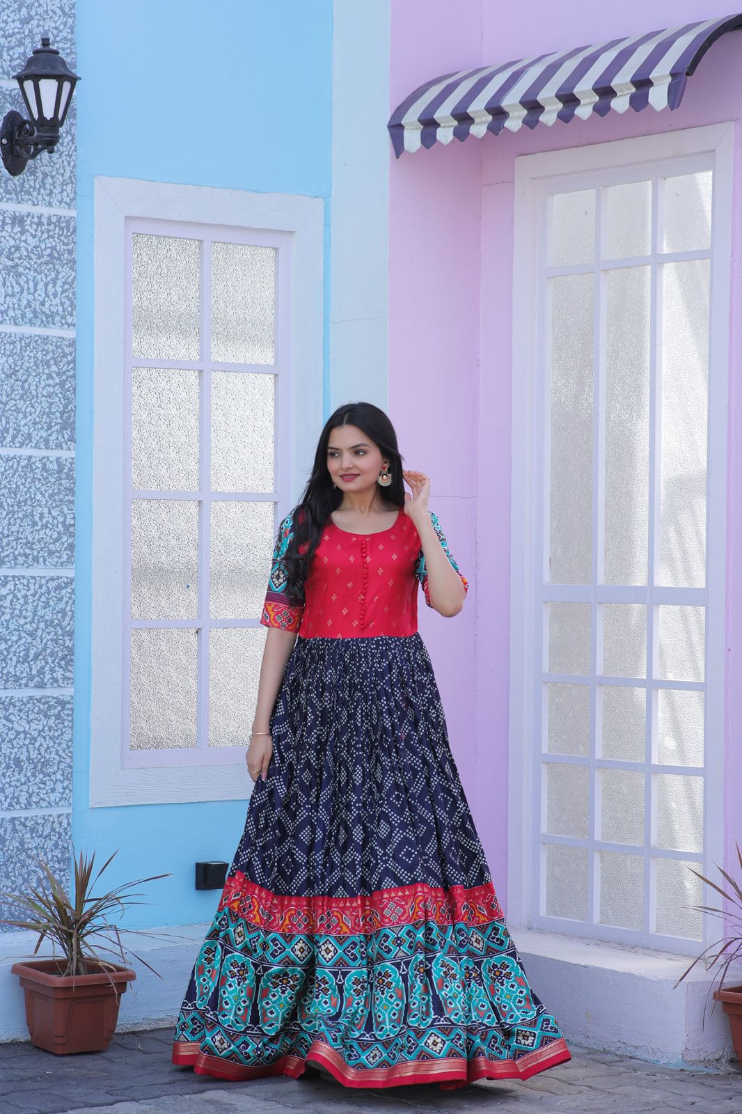 Traditional Navy Blue Color Patola Design Gown