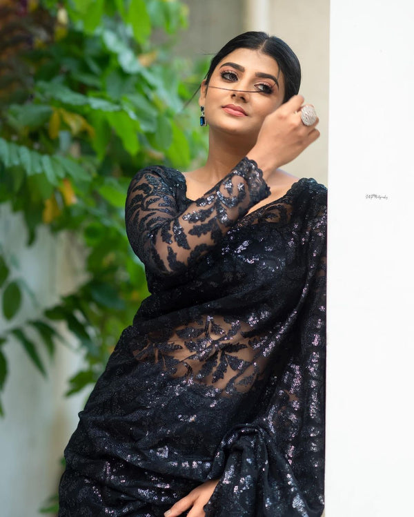 Shine Sequin Work Black Color Saree