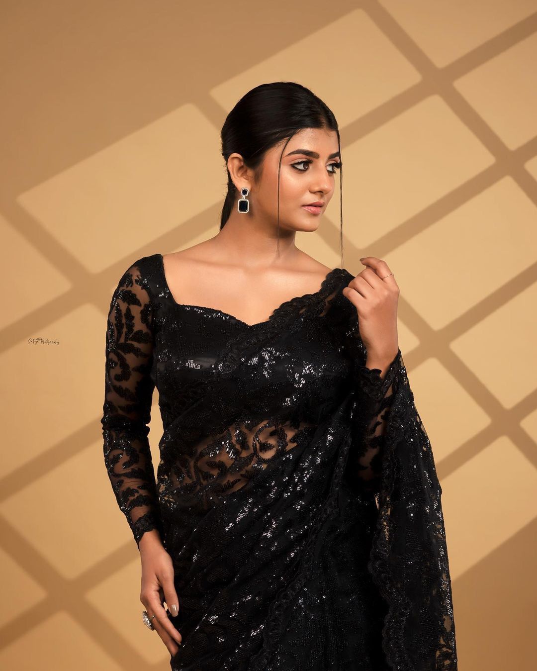 Shine Sequin Work Black Color Saree