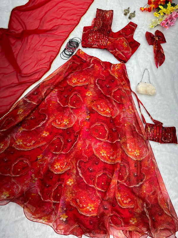 Eyes Catching Red Color Organza Silk Lehenga Choli