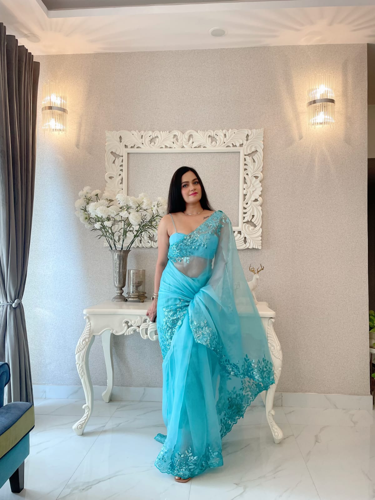 Alluring Sky Blue Sequence Work Organza Saree