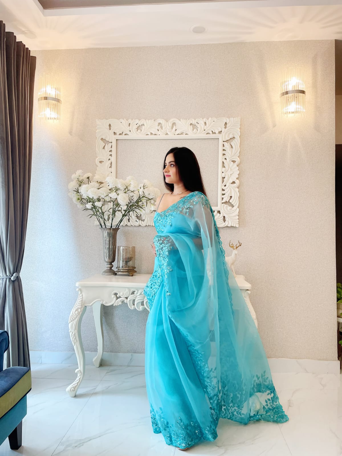 Alluring Sky Blue Sequence Work Organza Saree