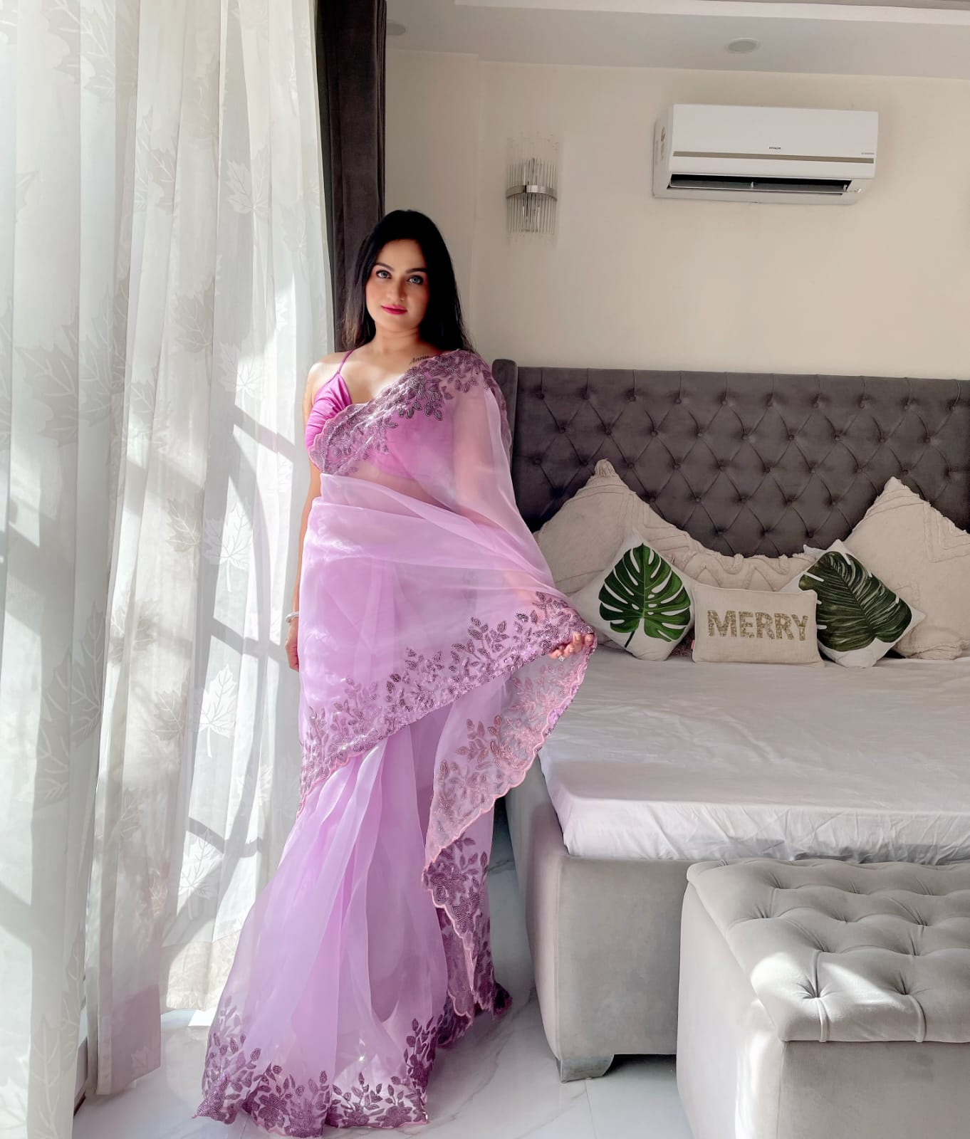 Alluring Lavender Sequence Work Organza Saree