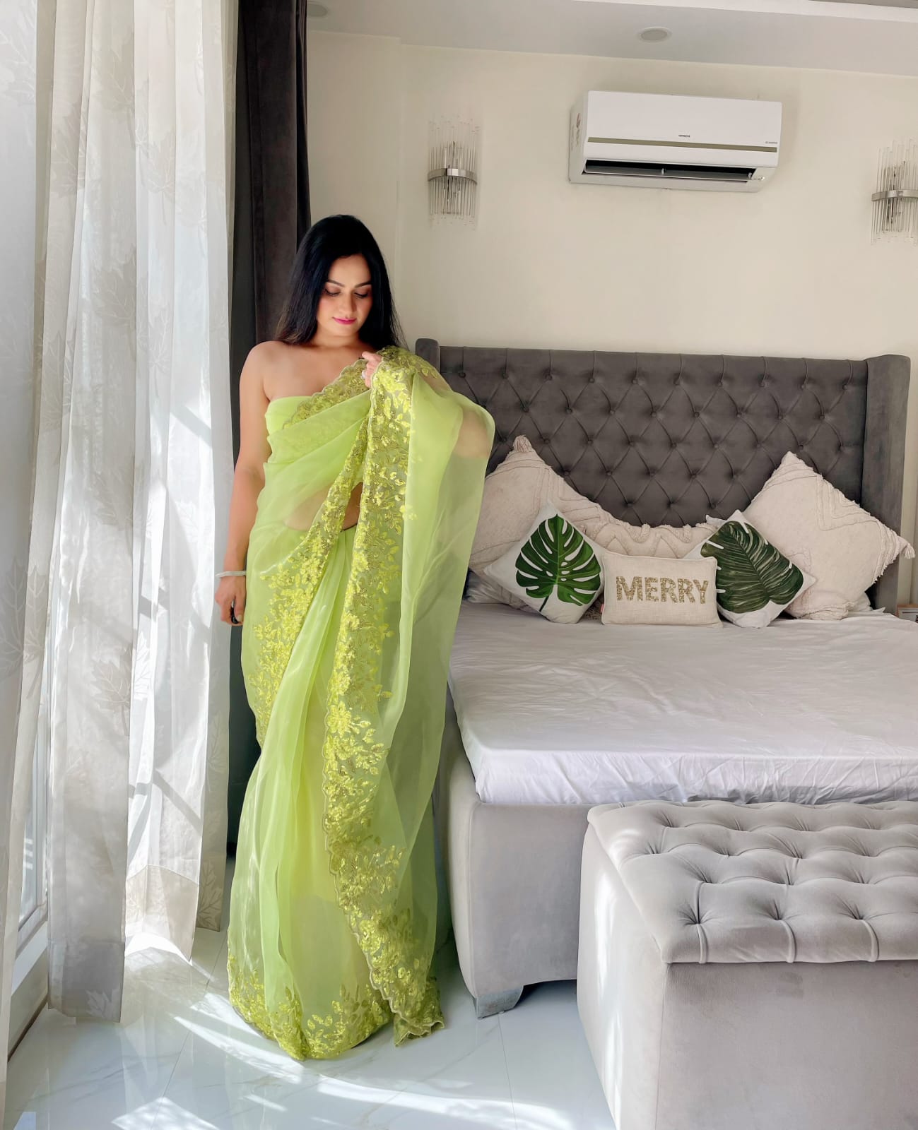 Alluring Green Sequence Work Organza Saree